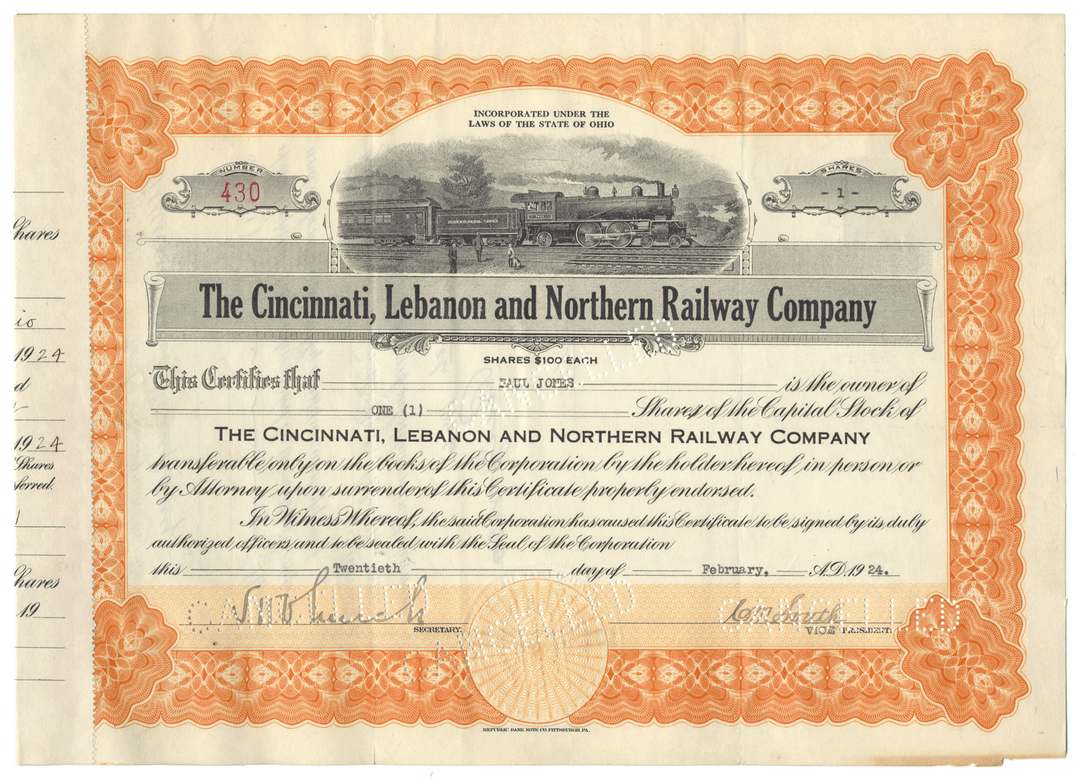 Vintage stock certificate for the Cincinnati, Lebanon and Northern Railway Company dated 1924