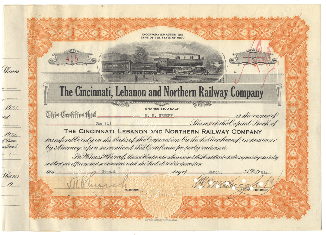 An antique railway stock certificate for The Cincinnati, Lebanon and Northern Railway Company dated 1921