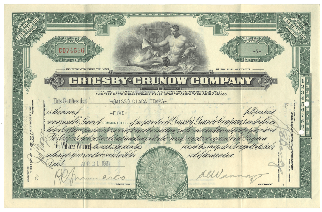 Vintage stock certificate from the Grigsby Grunow Company with decorative elements and text.