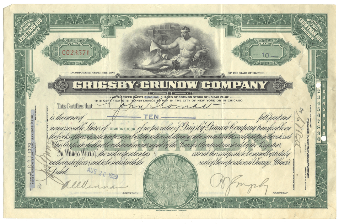 Griesby-Grunow Company stock certificate from 1929