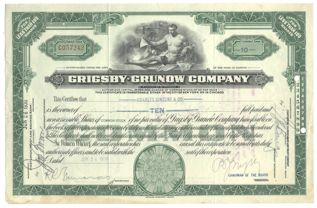 Vintage stock certificate from the Grigsby Grunow Company with green and white design.