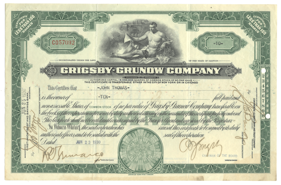 Vintage stock certificate from the Grigsby Grunow Company with decorative elements and text.