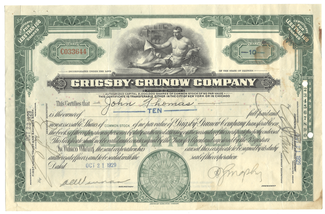 Vintage stock certificate from the Grigsby-Grundow Company with a green border and detailed design.