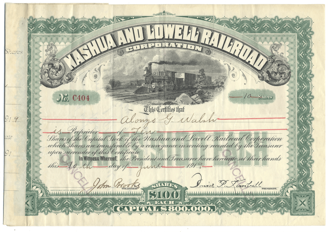 Nashua and Lowell Railroad Corporation stock certificate with train illustration