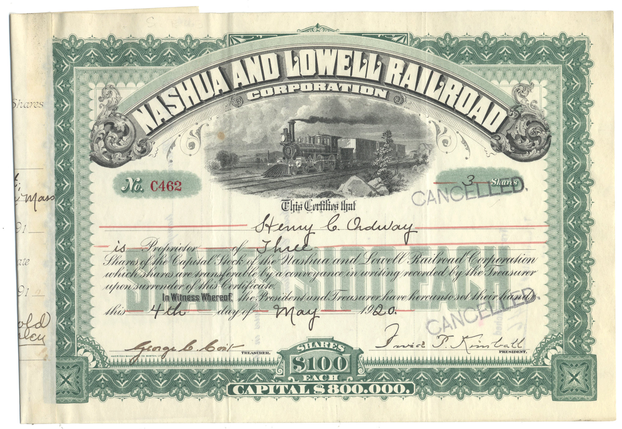 Vintage stock certificate for Nashua and Lowell Railroad Corporation with a steam locomotive illustration.