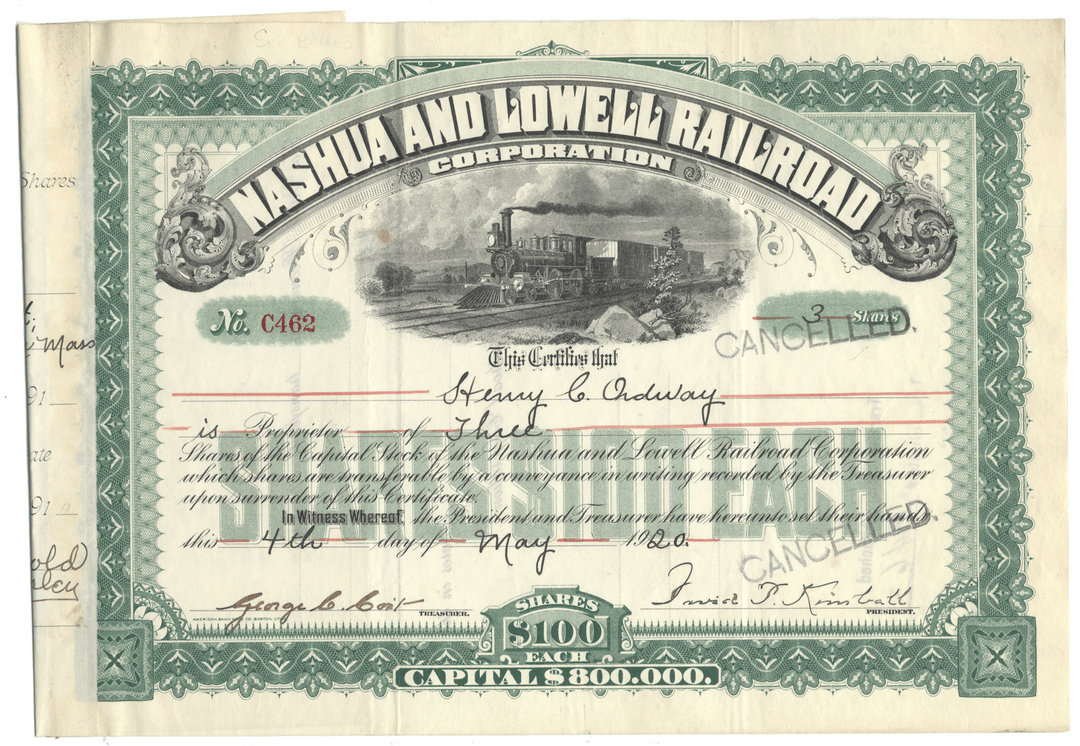 Vintage stock certificate for Nashua and Lowell Railroad Corporation with a steam locomotive illustration.