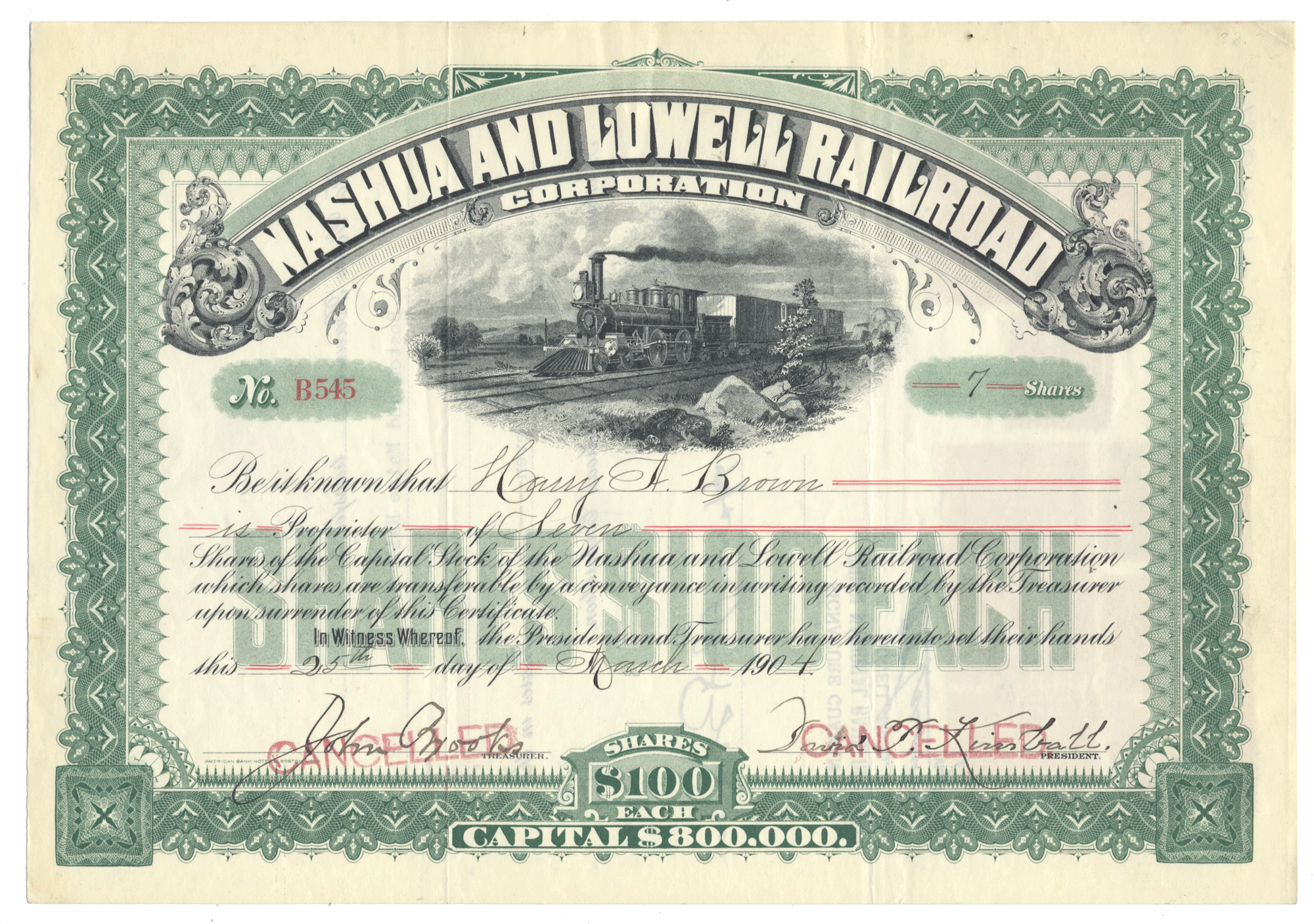 Historical stock certificate for Nashua and Lowell Railroad Corporation with decorative border and steam locomotive illustration dated 1904