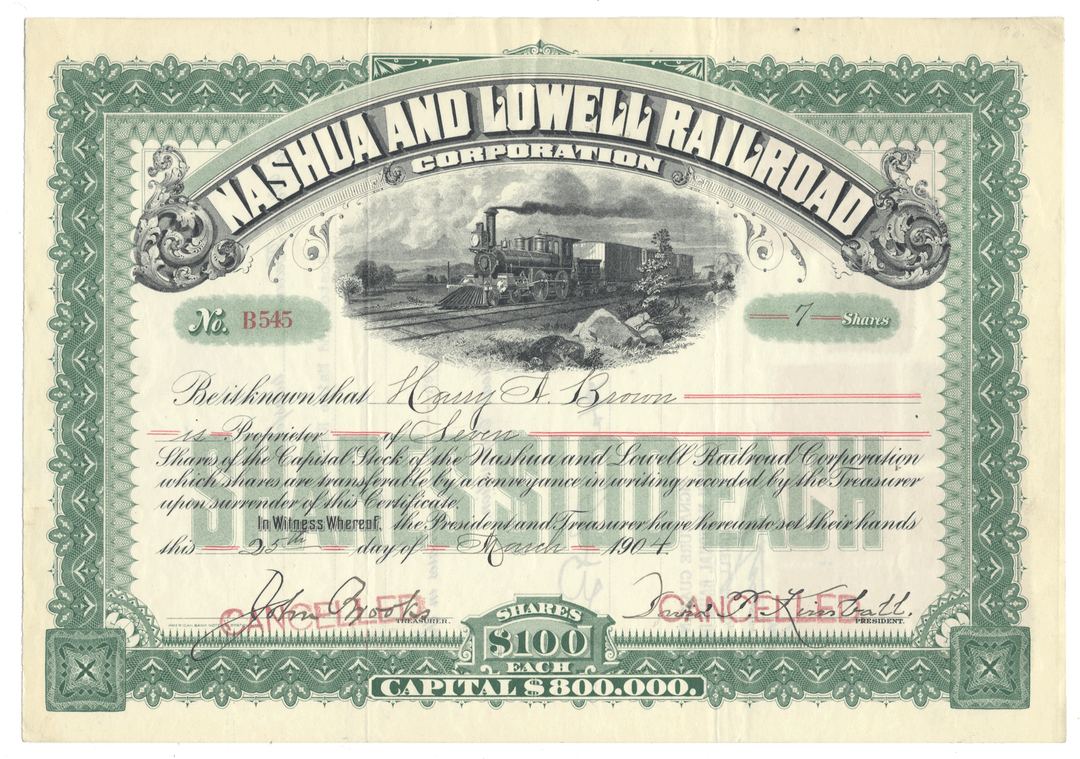 Historical stock certificate for Nashua and Lowell Railroad Corporation with decorative border and steam locomotive illustration dated 1904