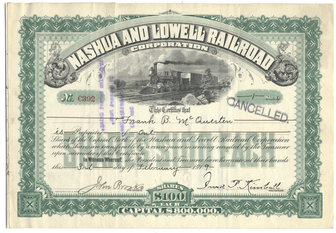 Nashua and Lowell Railroad Corporation stock certificate with train illustration
