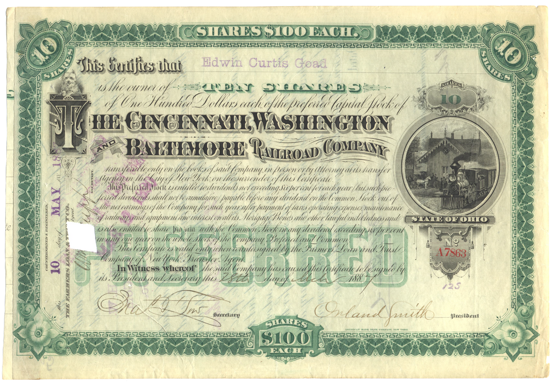 Cincinnati, Washington and Baltimore Railroad Company Stock Certificate Signed by Orland Smith