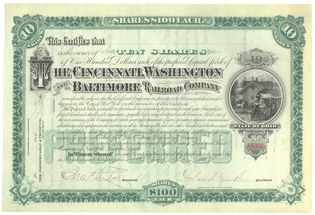 Cincinnati, Washington and Baltimore Railroad Company Stock Certificate Signed by Orland Smith