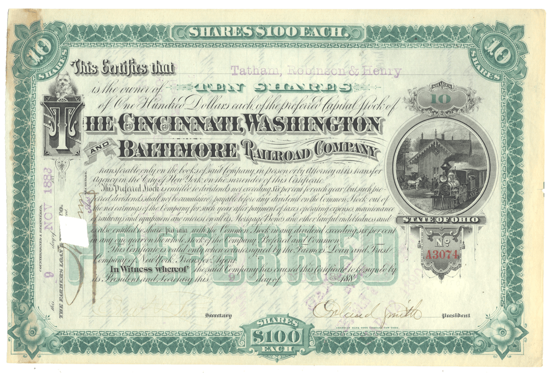 Cincinnati, Washington and Baltimore Railroad Company  stock certificate Signed by Orland Smith