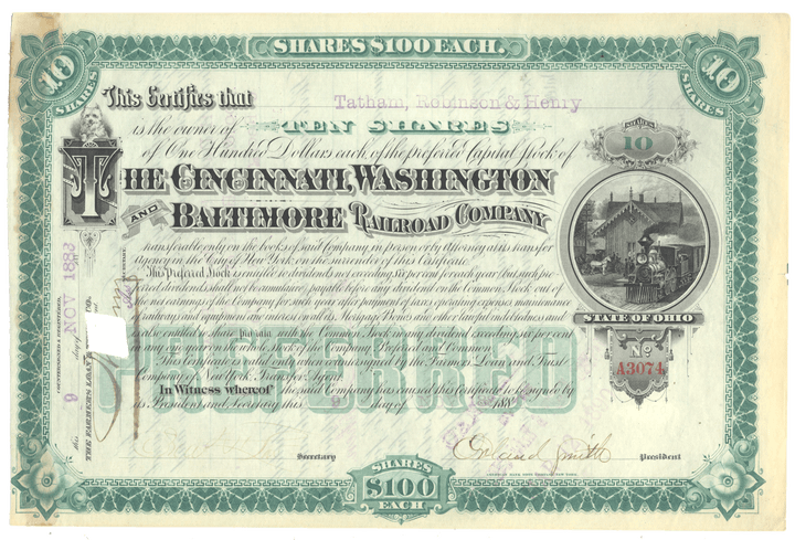 Cincinnati, Washington and Baltimore Railroad Company  stock certificate Signed by Orland Smith