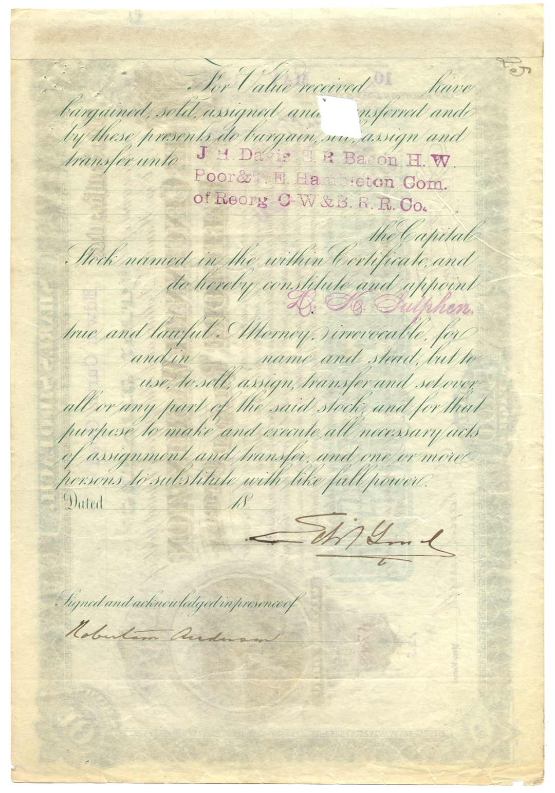 Cincinnati, Washington and Baltimore Railroad Company Stock Certificate Signed by Orland Smith