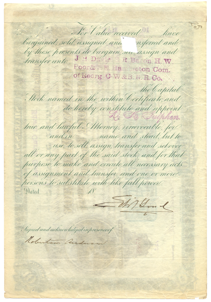 Cincinnati, Washington and Baltimore Railroad Company Stock Certificate Signed by Orland Smith