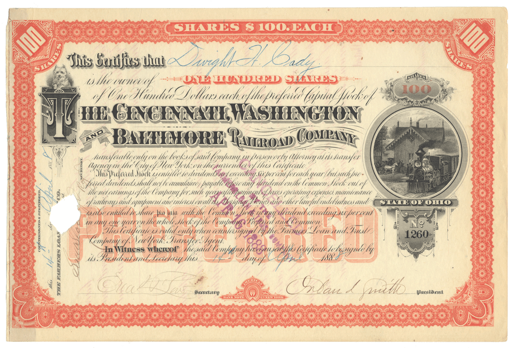 Cincinnati, Washington and Baltimore Railroad Company  stock certificate Signed by Orland Smith