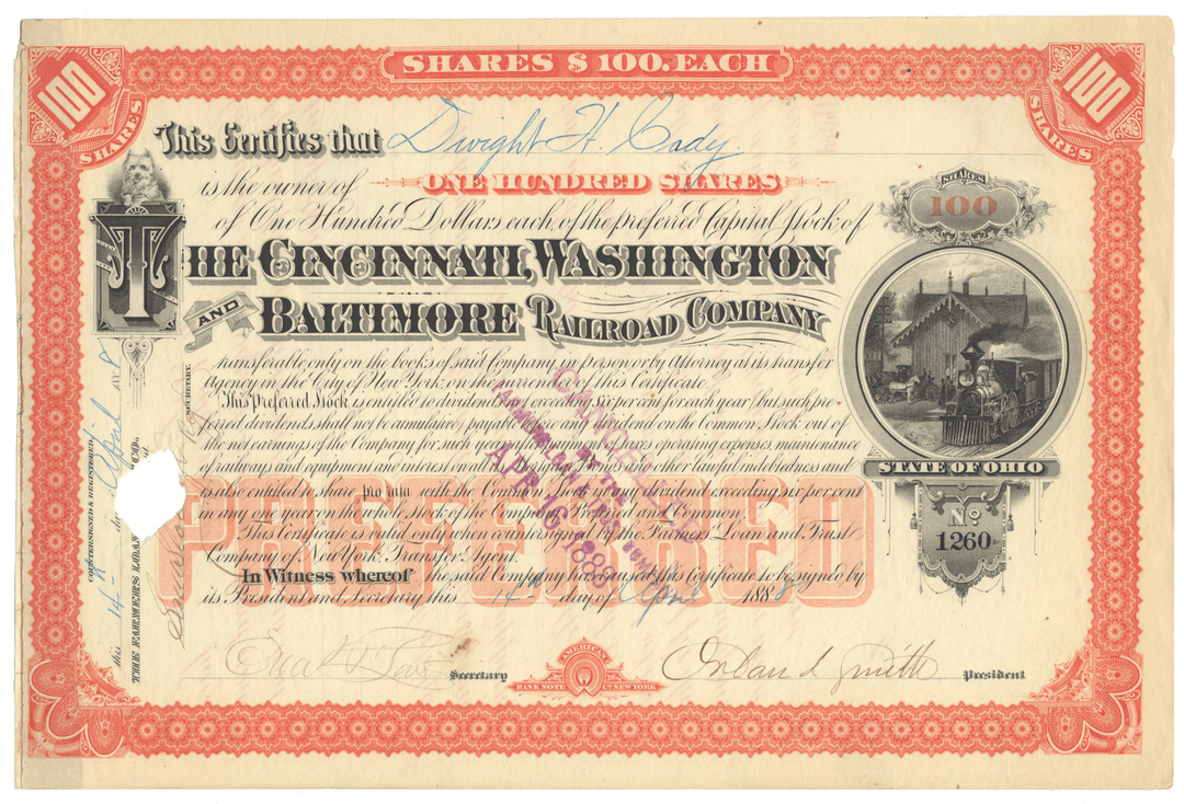 Cincinnati, Washington and Baltimore Railroad Company  stock certificate Signed by Orland Smith