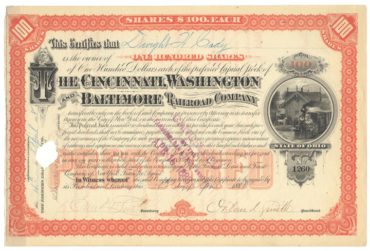 Cincinnati, Washington and Baltimore Railroad Company  stock certificate Signed by Orland Smith