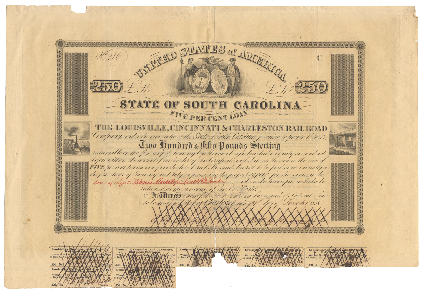 Louisville, Cincinnati & Charleston Rail Road Bond Certificate