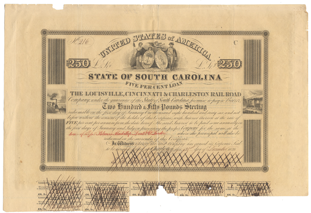 Louisville, Cincinnati & Charleston Rail Road Bond Certificate