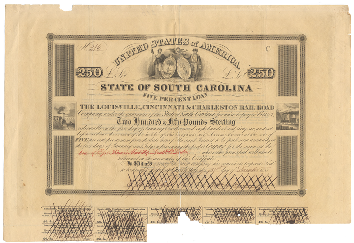 Louisville, Cincinnati & Charleston Rail Road Bond Certificate