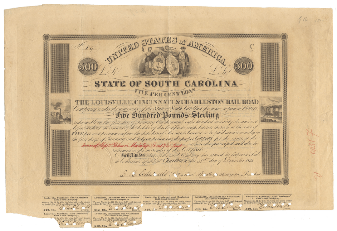 Louisville, Cincinnati & Charleston Rail Road Bond Certificate dated 1838