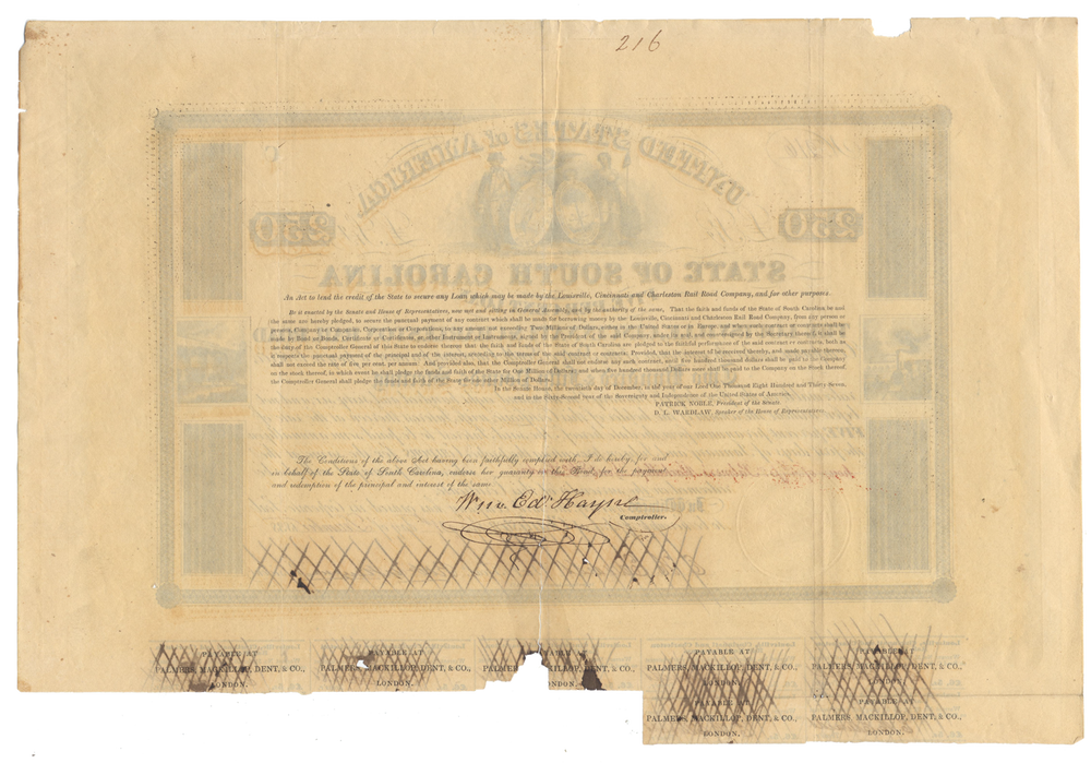 Louisville, Cincinnati & Charleston Rail Road Bond Certificate