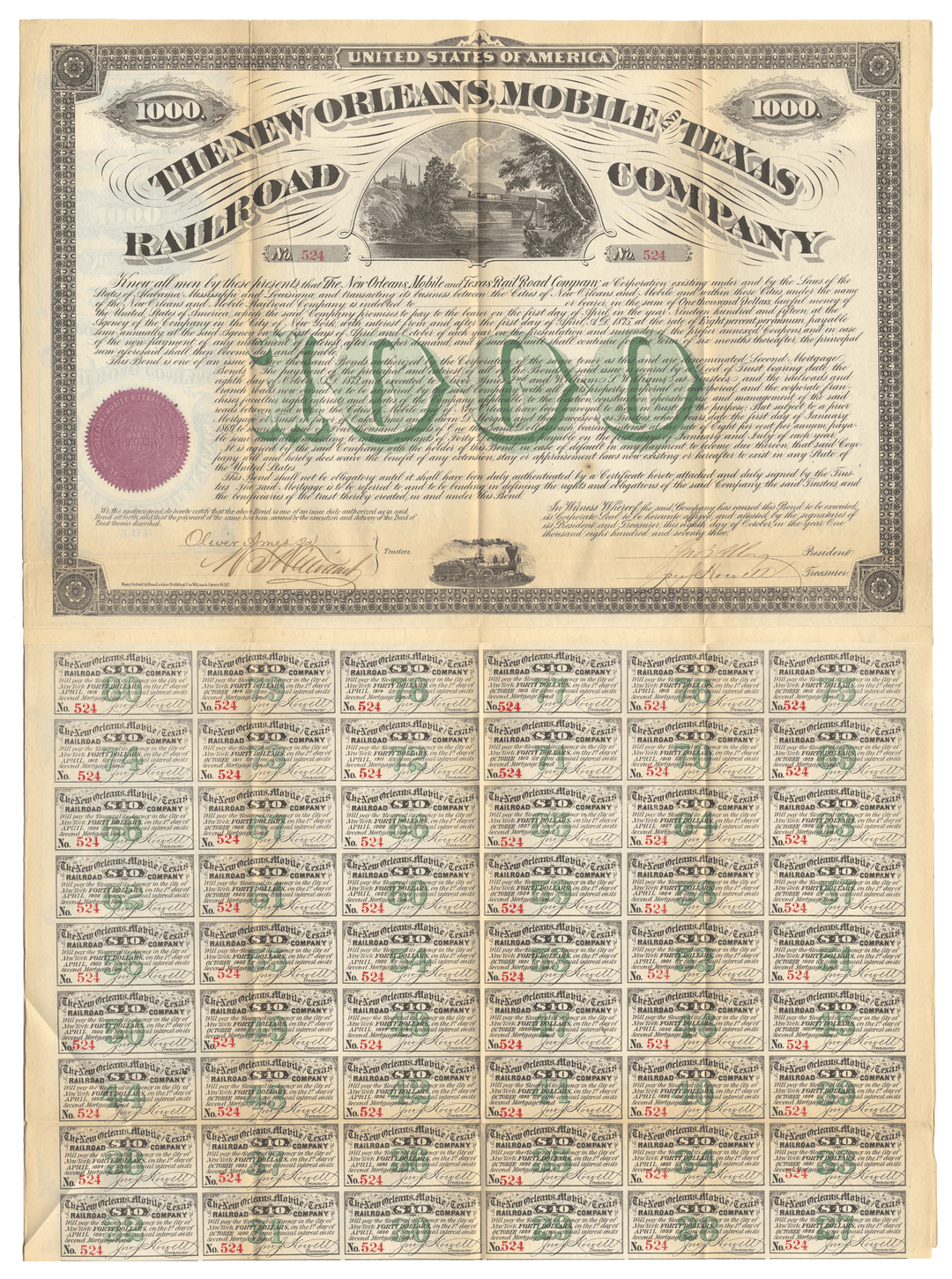 New Orleans, Mobile and Texas Railroad Company Bond Certificate Signed by Oliver Ames, Jr.