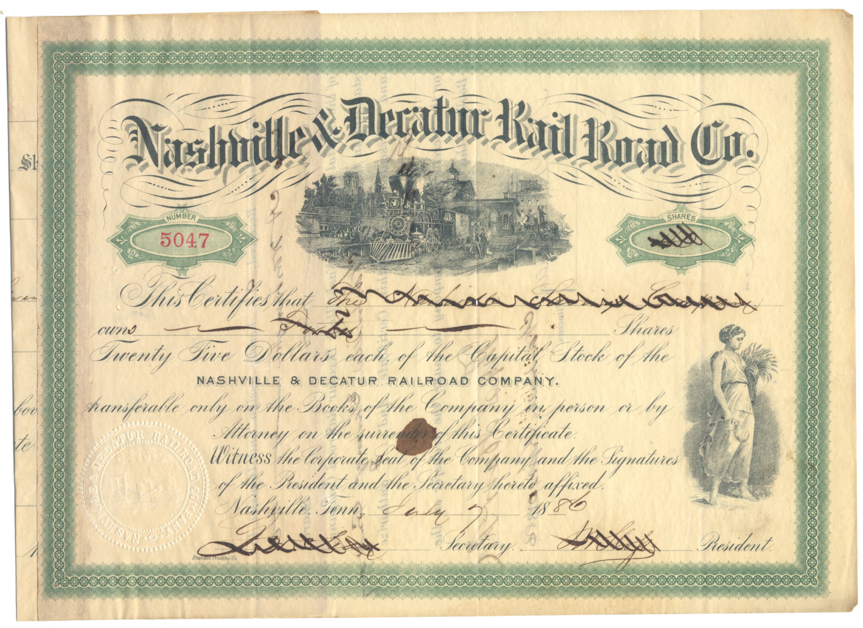 Nashville & Decatur Rail Road Company Stock Certificate