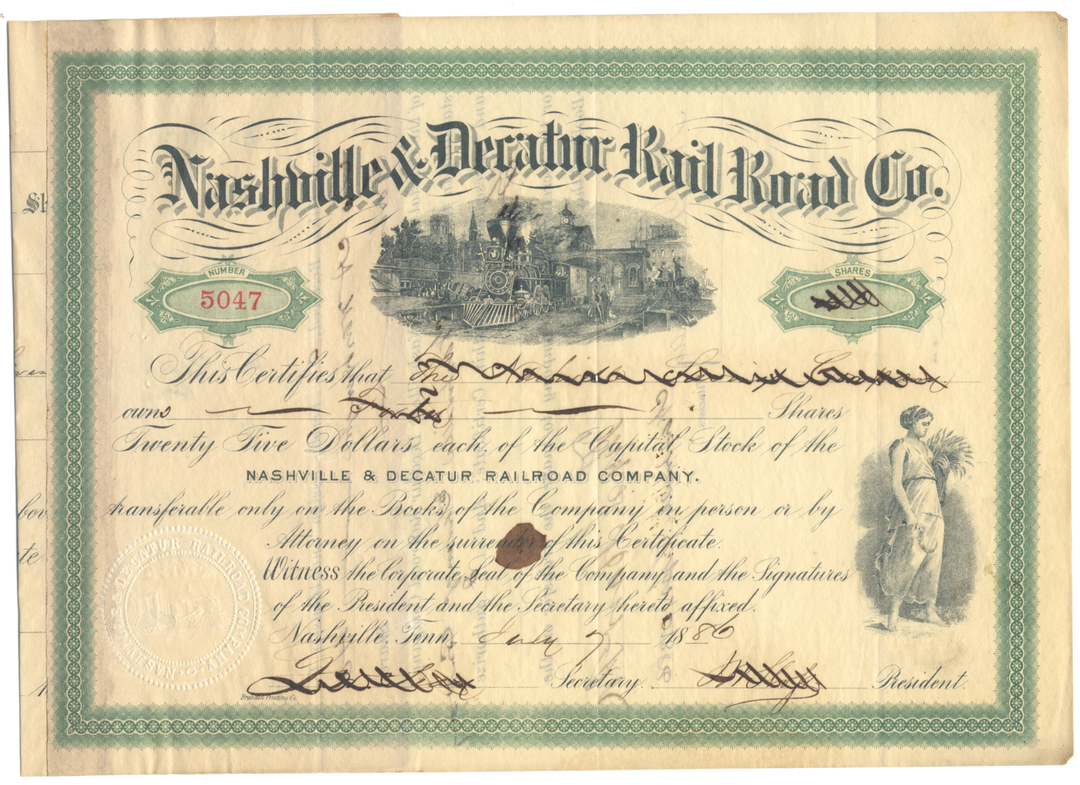 Nashville & Decatur Rail Road Company Stock Certificate