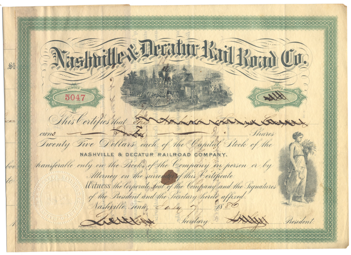 Nashville & Decatur Rail Road Company Stock Certificate