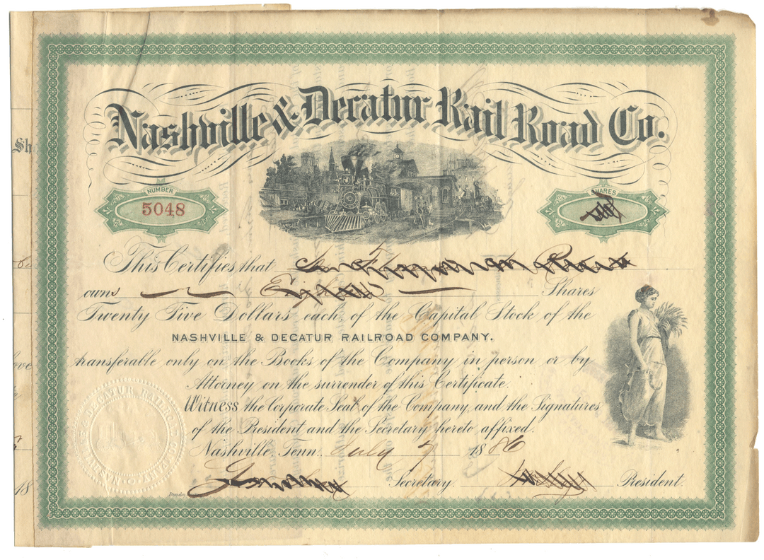 Nashville & Decatur Railroad Co. stock certificate with green border and black text.