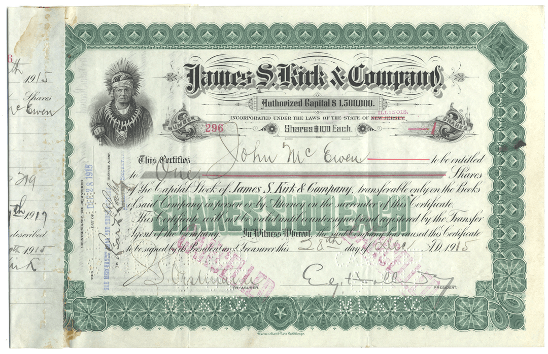 James S. Kirk & Company Stock Certificate