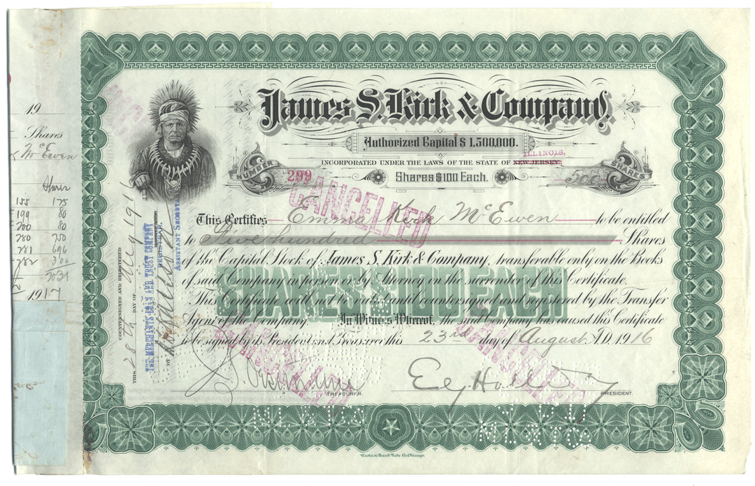 Vintage James S. Kirk & Co. stock certificate with a Native American chief illustration on a green and white background