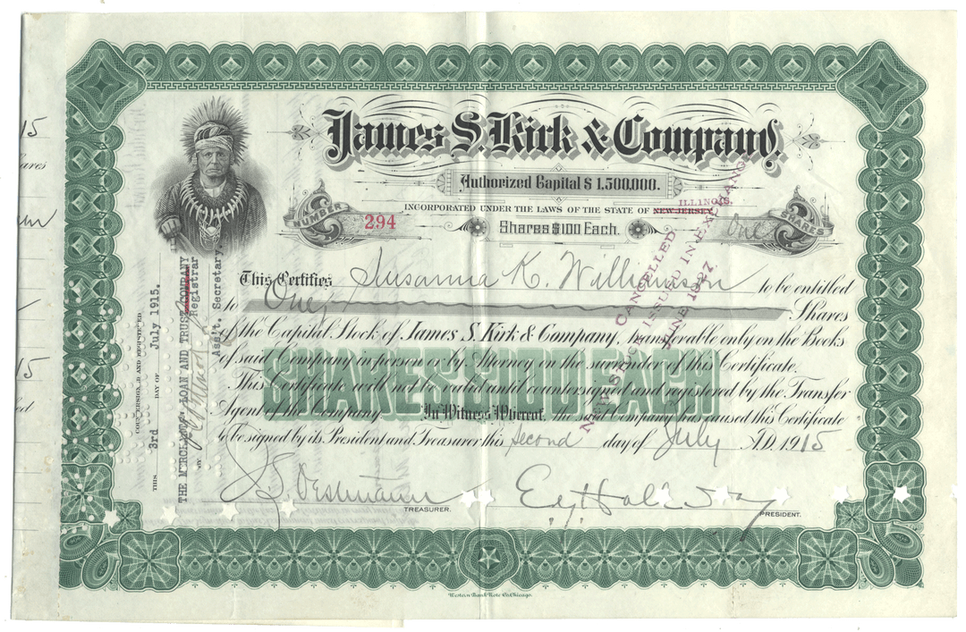 Vintage stock certificate for James S. Kirk & Company with decorative elements and signatures.