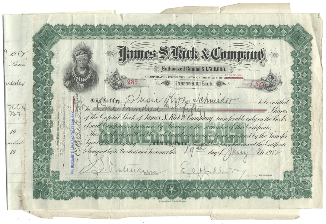 Vintage stock certificate from James S. Kirk & Company with decorative elements and signatures dated 1912