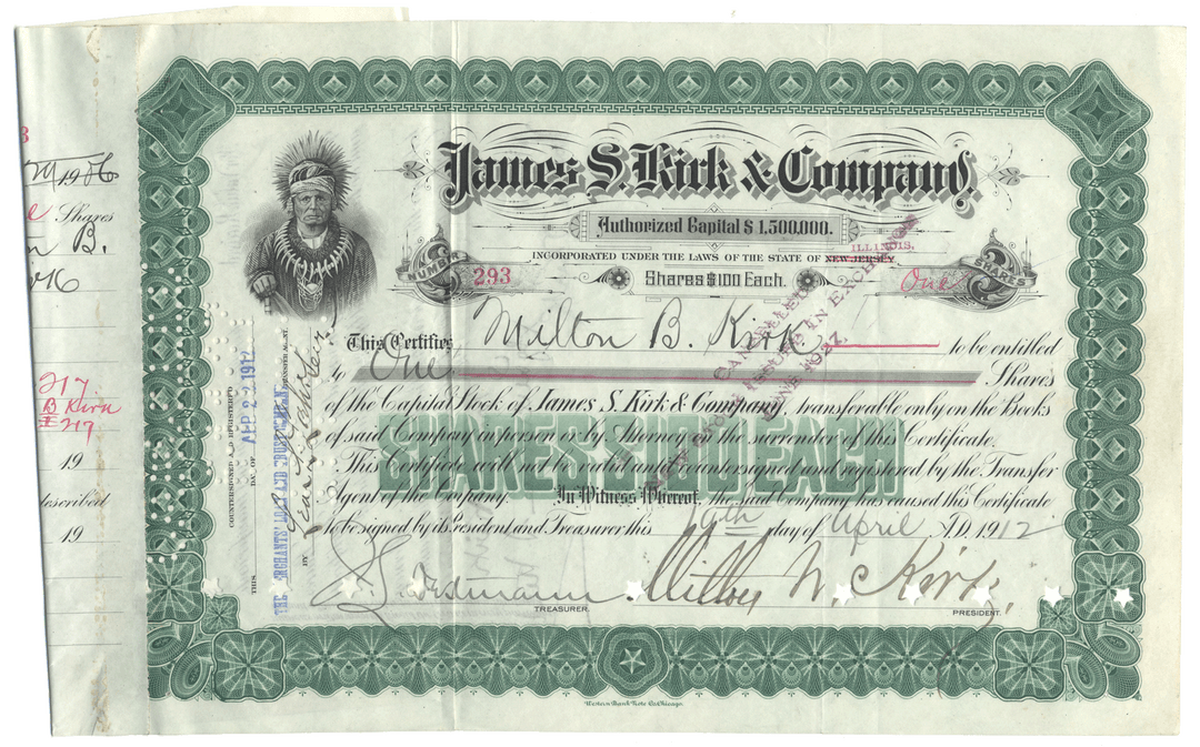 Vintage stock certificate from James S. Kirk & Company with decorative border dated 1912