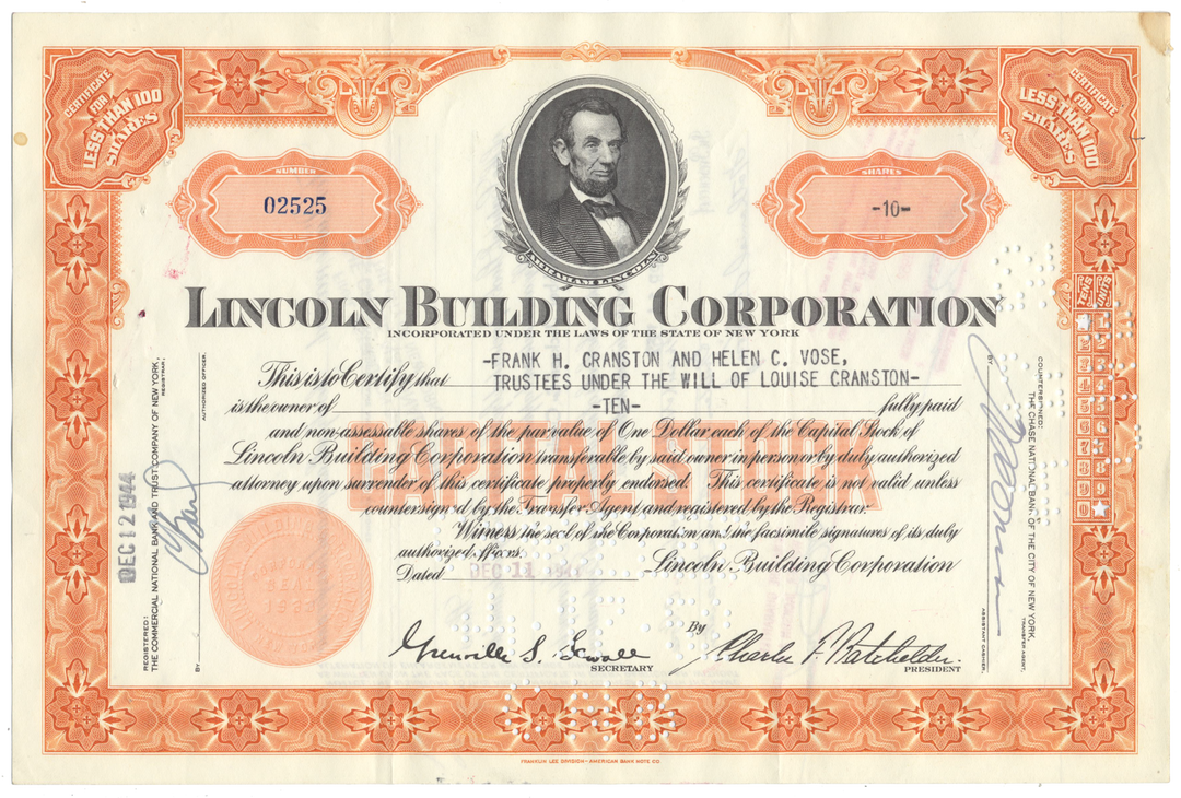 Lincoln Building Corporation Stock Certificate