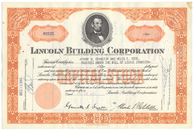 Lincoln Building Corporation Stock Certificate
