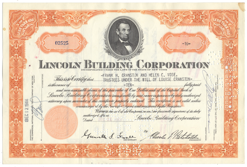 Lincoln Building Corporation Stock Certificate
