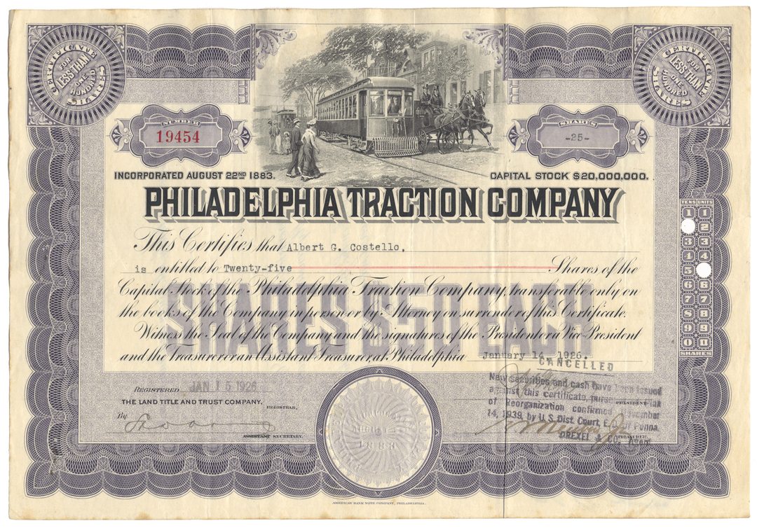 Vintage stock certificate of the Philadelphia Traction Company with decorative elements and text.