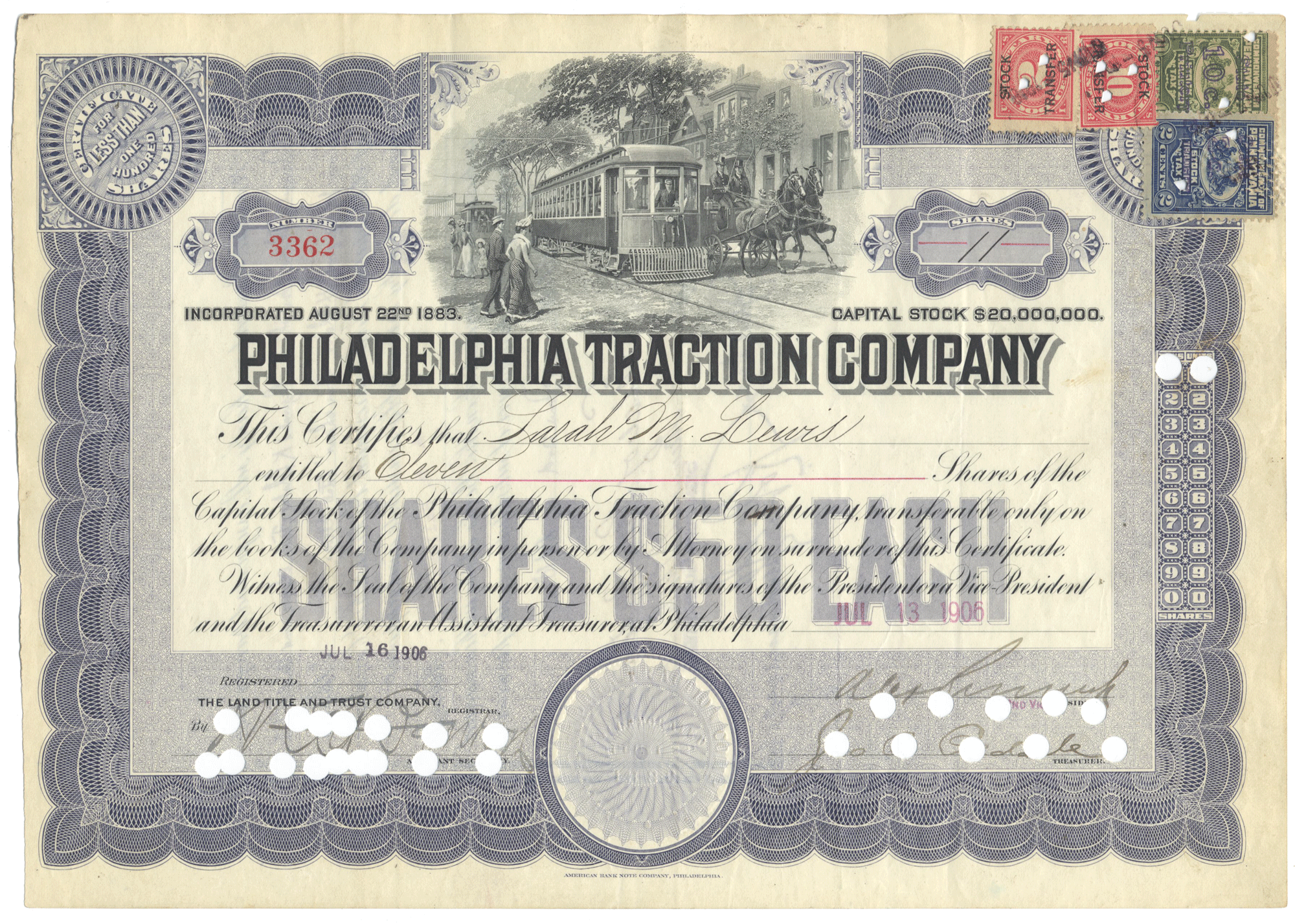 Philadelphia Traction Company stock certificate with tram illustration from 1906