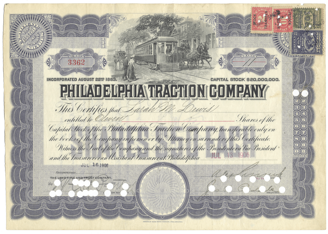 Philadelphia Traction Company stock certificate with tram illustration from 1906