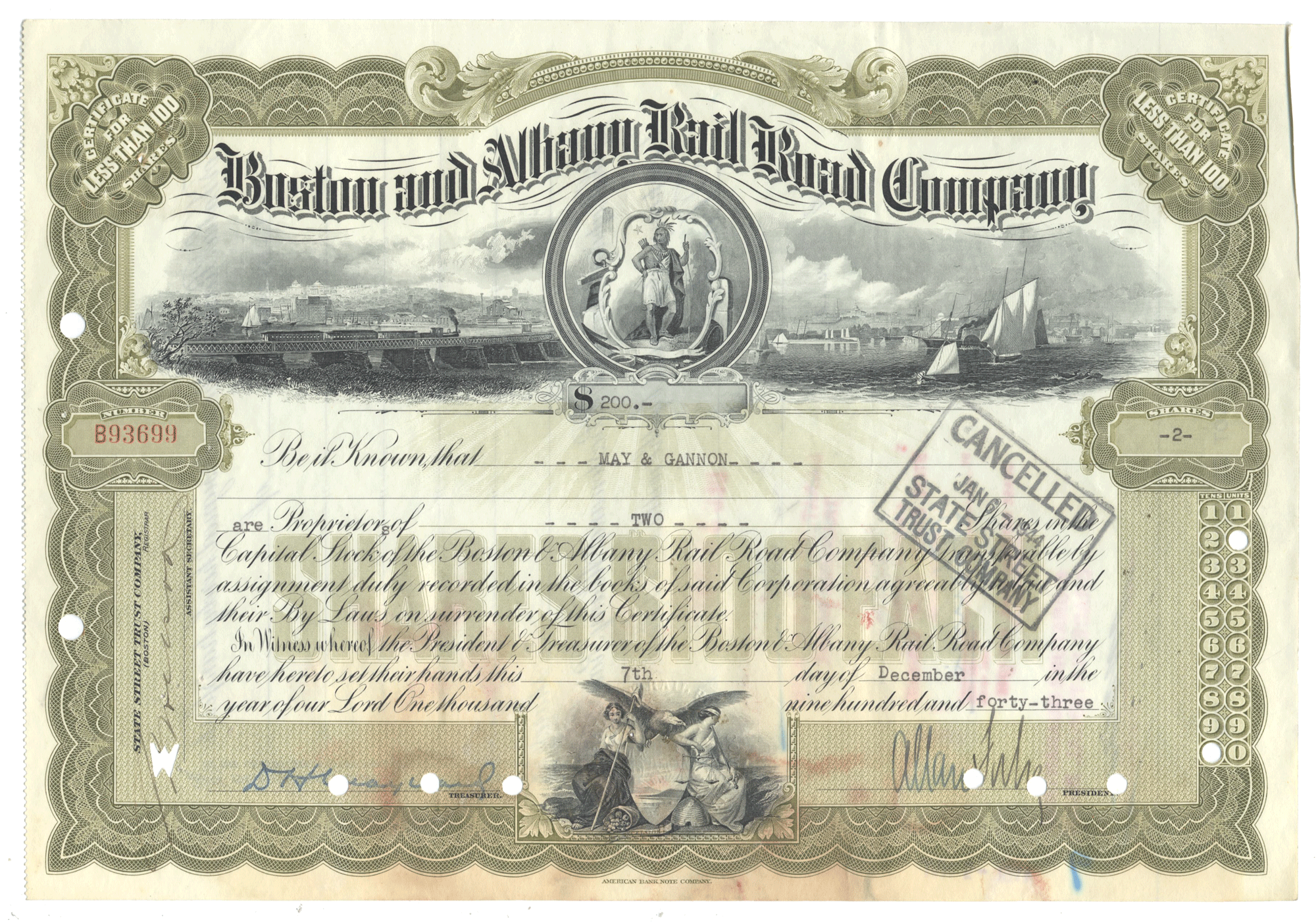 Vintage stock certificate of the Boston and Albany Rail Road Company with decorative elements and text from 1943
