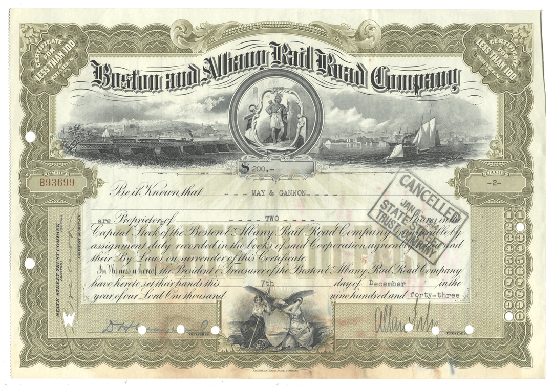 Vintage stock certificate of the Boston and Albany Rail Road Company with decorative elements and text from 1943