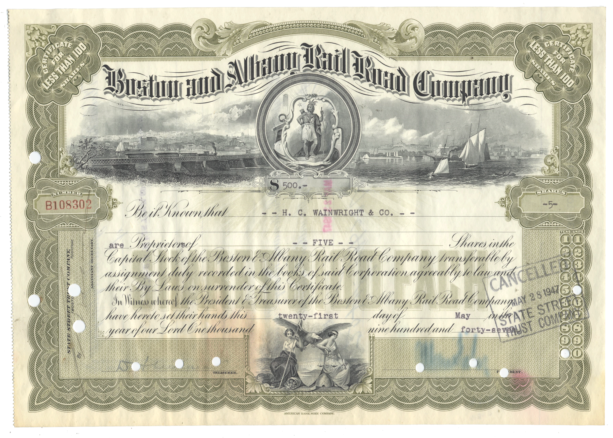 Vintage stock certificate of the Boston and Albany Rail Road Company with decorative elements and text from 1947