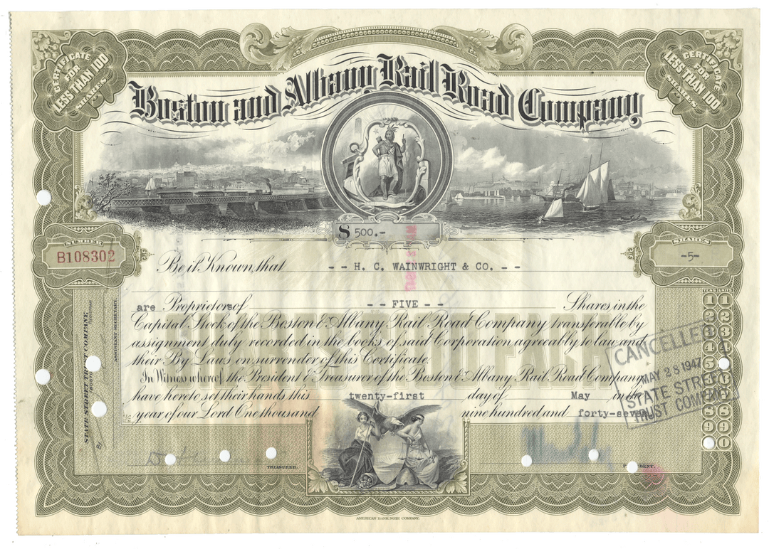 Vintage stock certificate of the Boston and Albany Rail Road Company with decorative elements and text from 1947