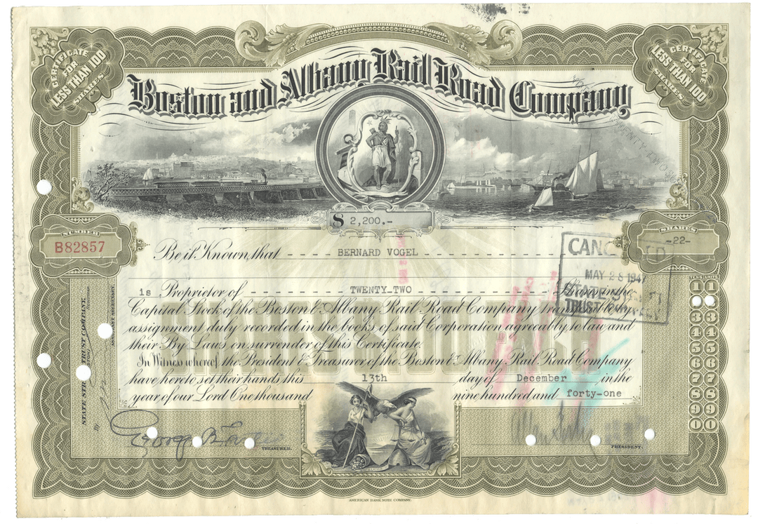 Vintage stock certificate of the Boston and Albany Rail Road Company with decorative elements and text from 1941