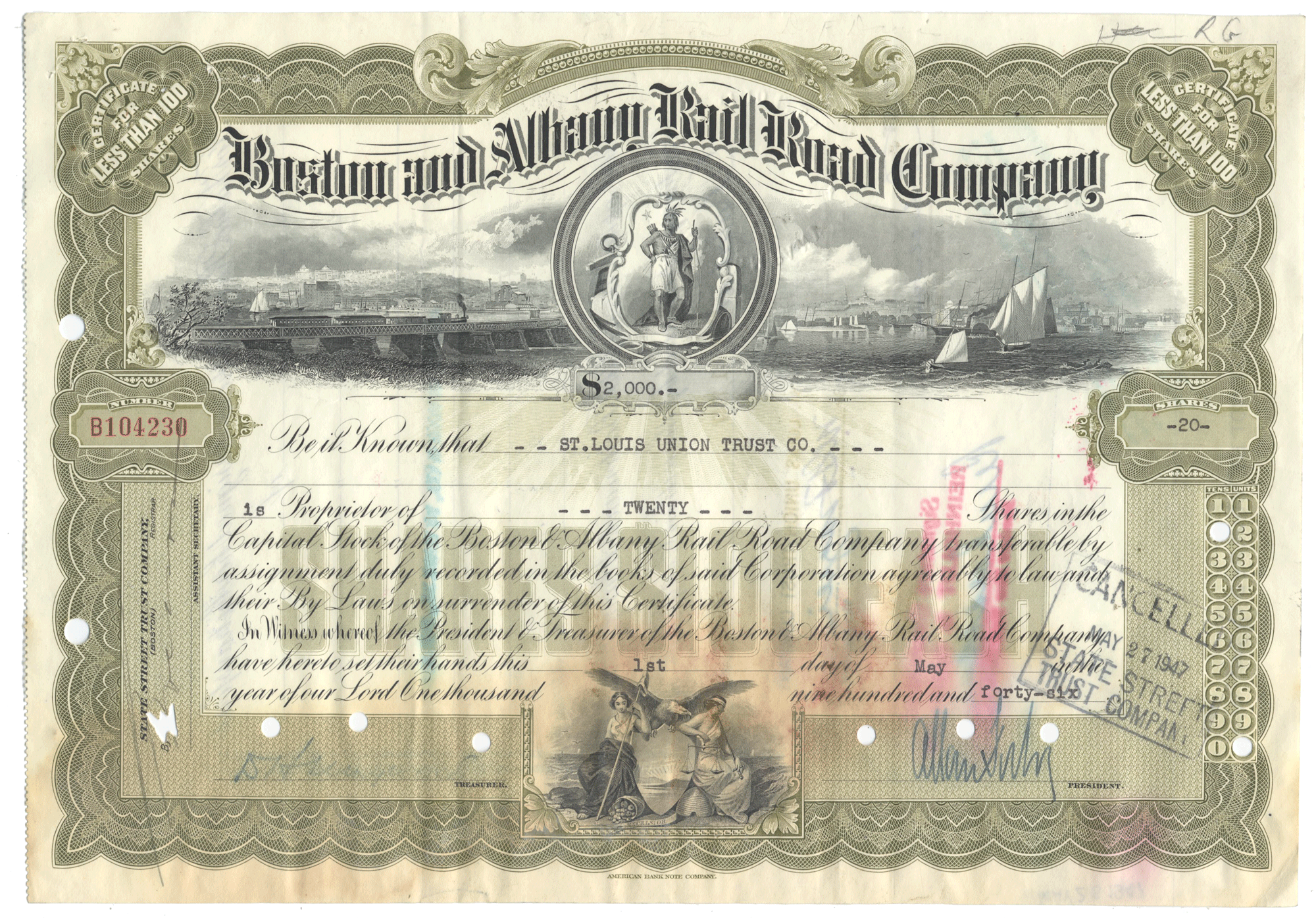 Vintage stock certificate of the Boston and Albany Railroad Company with a steam locomotive illustration from 1946