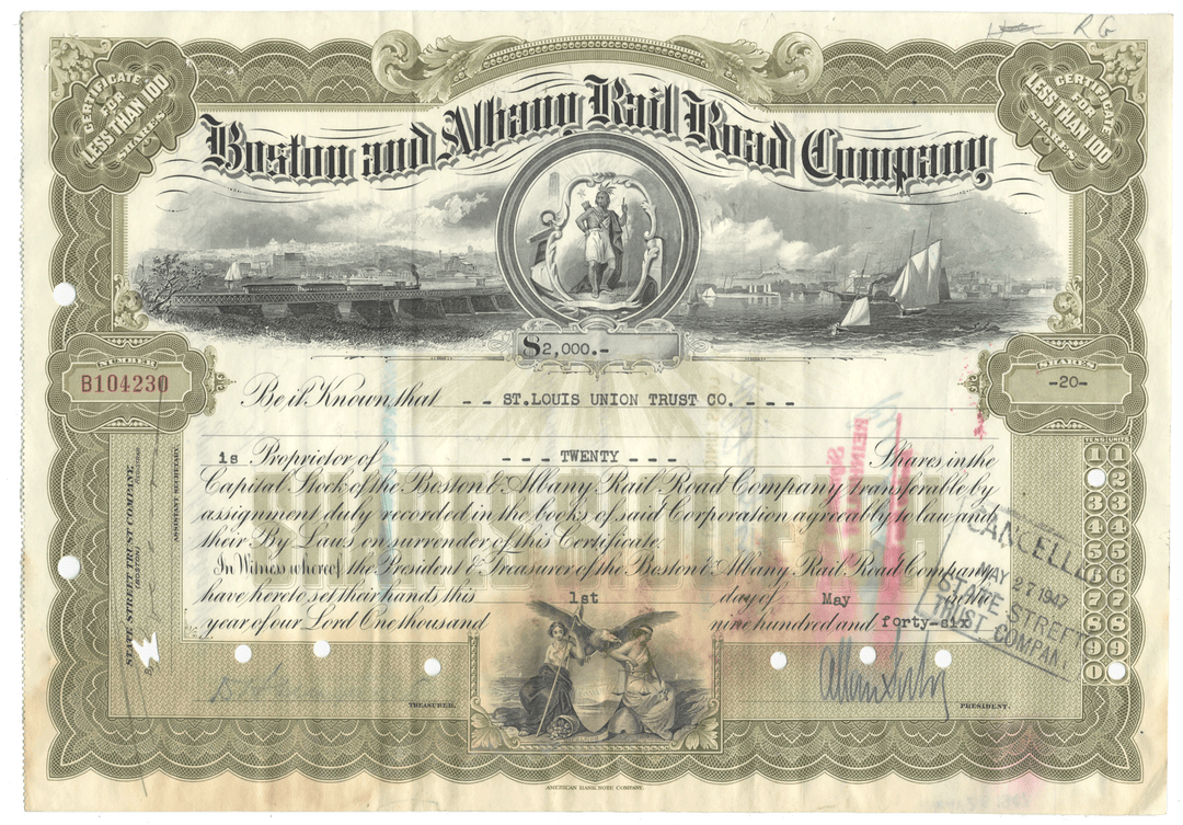 Vintage stock certificate of the Boston and Albany Railroad Company with a steam locomotive illustration from 1946
